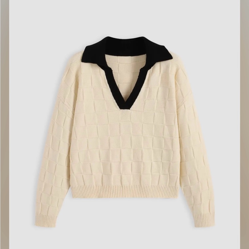 Cream and Black V-Neck Sweater